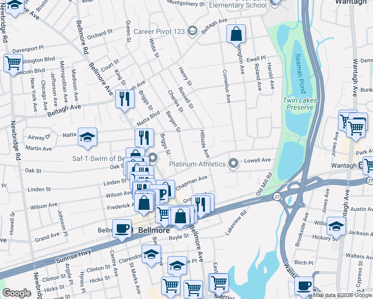 map of restaurants, bars, coffee shops, grocery stores, and more near 2065 Bergen Street in Bellmore