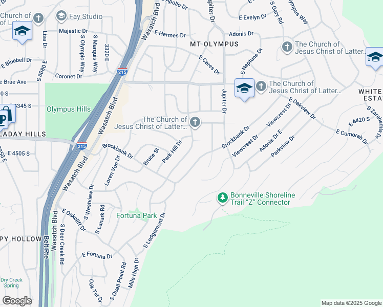 map of restaurants, bars, coffee shops, grocery stores, and more near 4487 South Fortuna Way in Salt Lake City