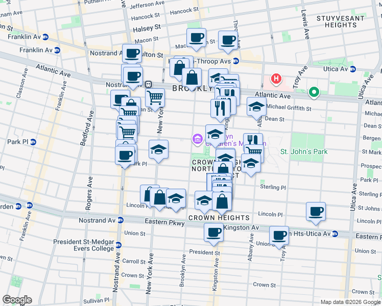 map of restaurants, bars, coffee shops, grocery stores, and more near Prospect Place in Brooklyn