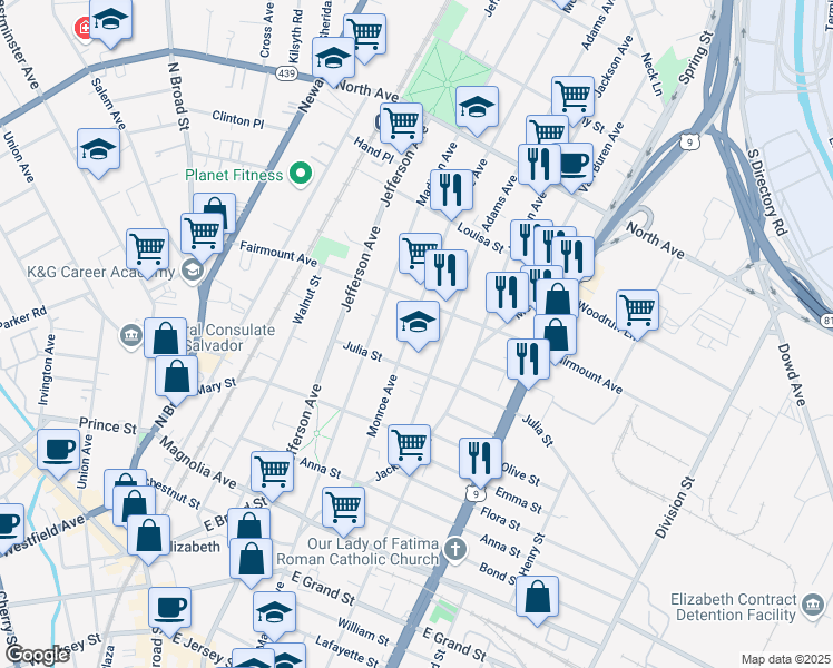 map of restaurants, bars, coffee shops, grocery stores, and more near 577 Monroe Avenue in Elizabeth
