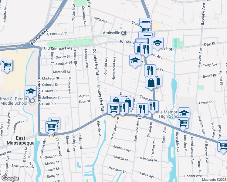map of restaurants, bars, coffee shops, grocery stores, and more near 57 Frost Lane in Amityville