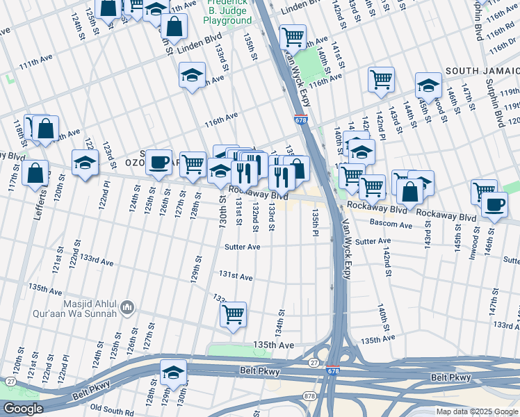 map of restaurants, bars, coffee shops, grocery stores, and more near 12023 132nd Street in Queens