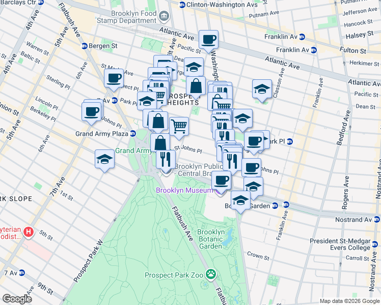 map of restaurants, bars, coffee shops, grocery stores, and more near 350 Saint Johns Place in Brooklyn