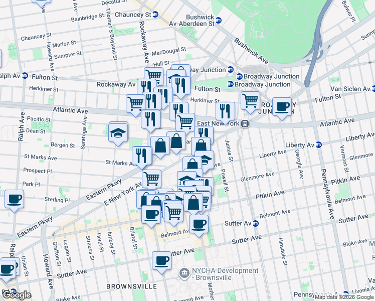 map of restaurants, bars, coffee shops, grocery stores, and more near 219 Mother Gaston Boulevard in Brooklyn