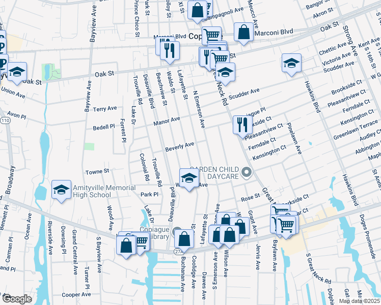 map of restaurants, bars, coffee shops, grocery stores, and more near 200 Waldo Street in Copiague