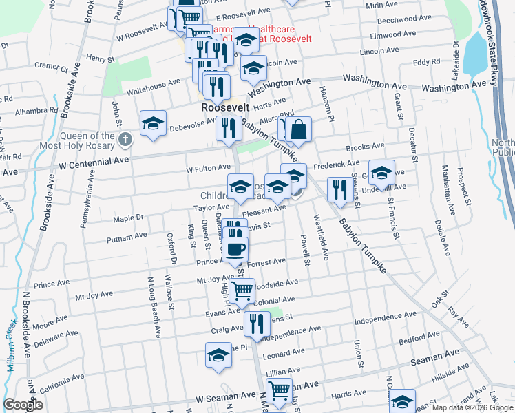 map of restaurants, bars, coffee shops, grocery stores, and more near 39 Pleasant Avenue in Roosevelt
