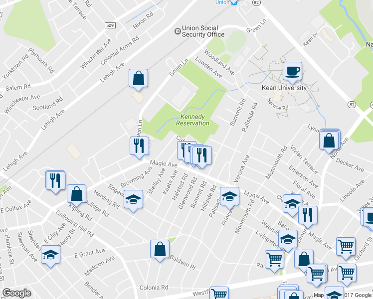 map of restaurants, bars, coffee shops, grocery stores, and more near 440 Durling Road in Union