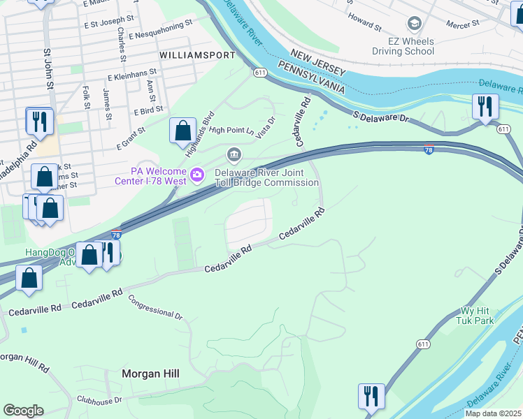 map of restaurants, bars, coffee shops, grocery stores, and more near 360 Cedar Park Boulevard in Northampton County