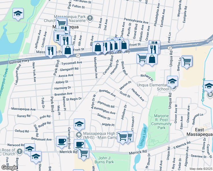map of restaurants, bars, coffee shops, grocery stores, and more near 95 Scott Street in Massapequa Park