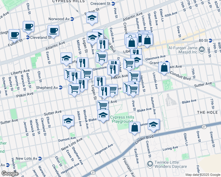 map of restaurants, bars, coffee shops, grocery stores, and more near 953 Belmont Avenue in Brooklyn