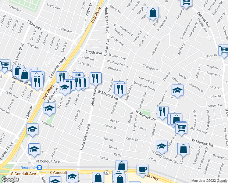map of restaurants, bars, coffee shops, grocery stores, and more near 22 Carroll Avenue in Valley Stream