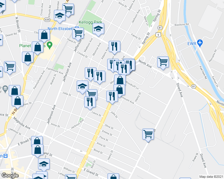 map of restaurants, bars, coffee shops, grocery stores, and more near 1009 Fairmount Avenue in Elizabeth