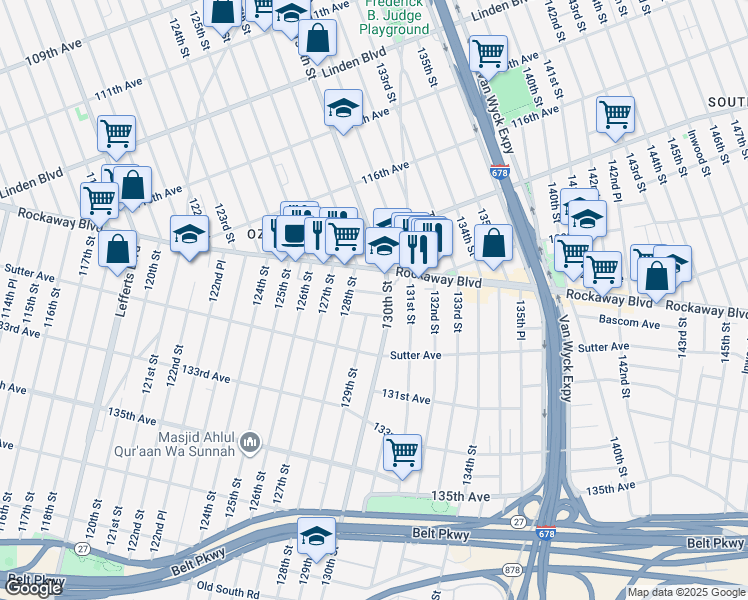 map of restaurants, bars, coffee shops, grocery stores, and more near 128-30 Gotham Road in Queens