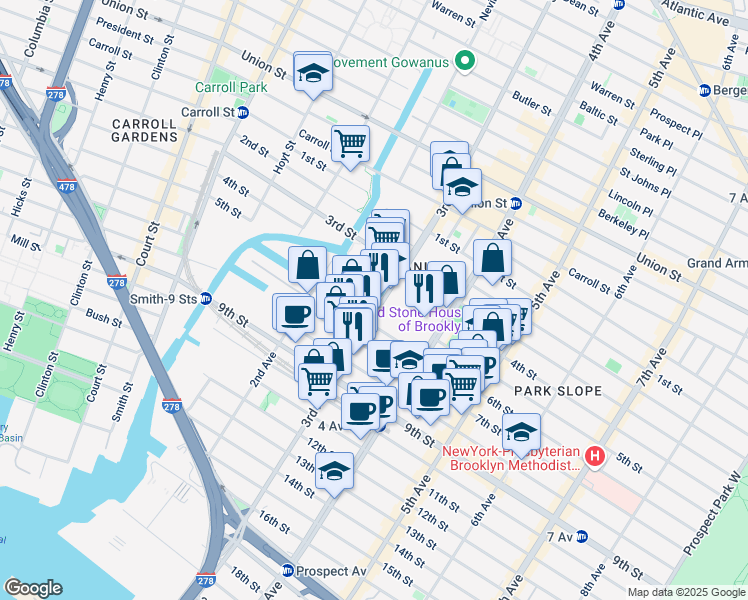 map of restaurants, bars, coffee shops, grocery stores, and more near 386 3rd Avenue in Brooklyn