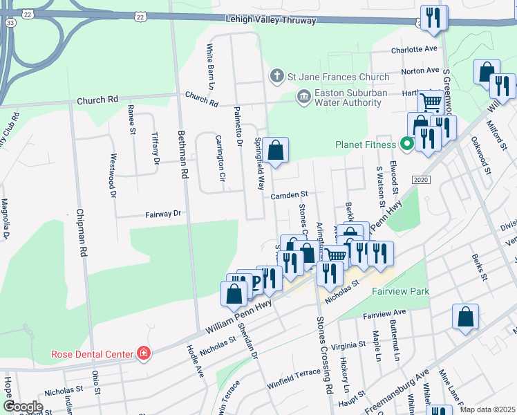 map of restaurants, bars, coffee shops, grocery stores, and more near 373 Springfield Way in Easton