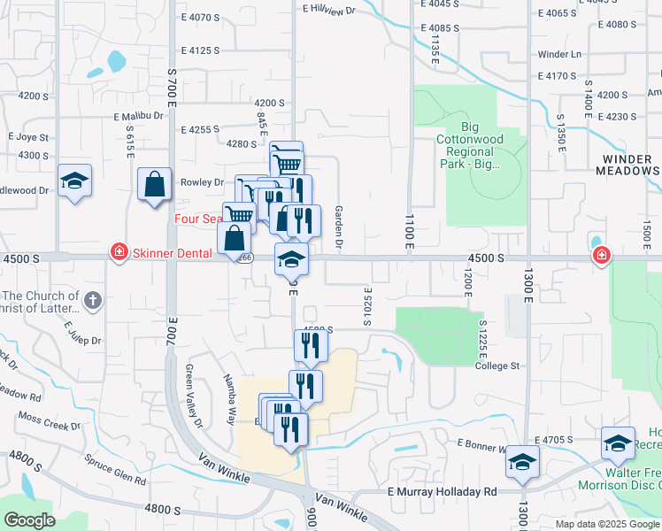 map of restaurants, bars, coffee shops, grocery stores, and more near 960 East 4500 South in Millcreek