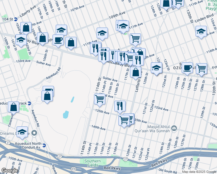 map of restaurants, bars, coffee shops, grocery stores, and more near 130-28 115th Street in Queens