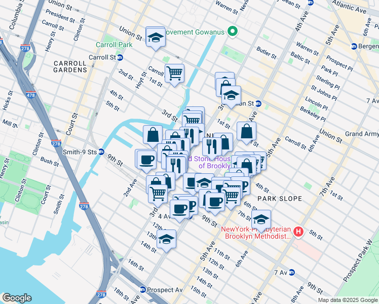 map of restaurants, bars, coffee shops, grocery stores, and more near 386 3rd Avenue in Brooklyn