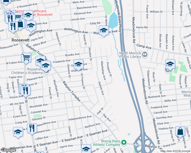 map of restaurants, bars, coffee shops, grocery stores, and more near 81 Delisle Avenue in Roosevelt