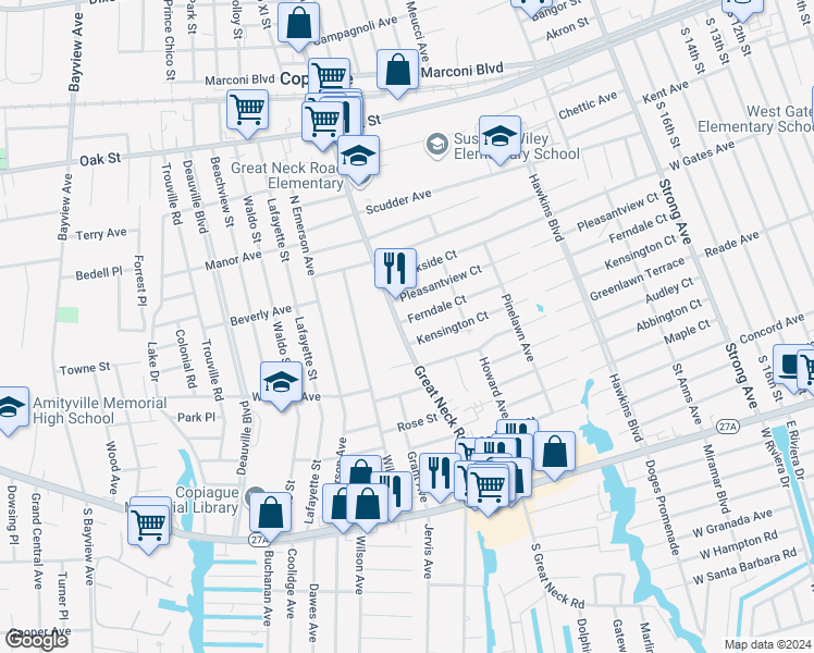 map of restaurants, bars, coffee shops, grocery stores, and more near 780 Great Neck Road in Copiague