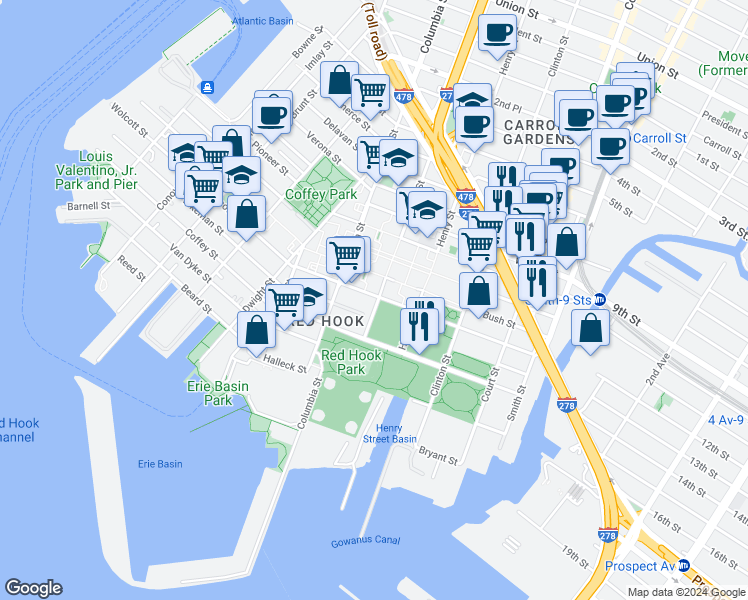 map of restaurants, bars, coffee shops, grocery stores, and more near 832 Hicks Street in Brooklyn