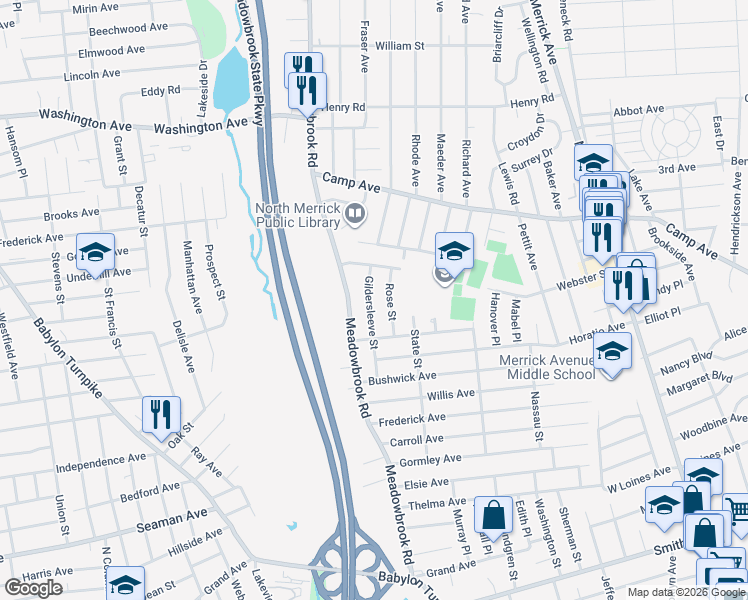 map of restaurants, bars, coffee shops, grocery stores, and more near 1755 Gildersleeve Street in Merrick