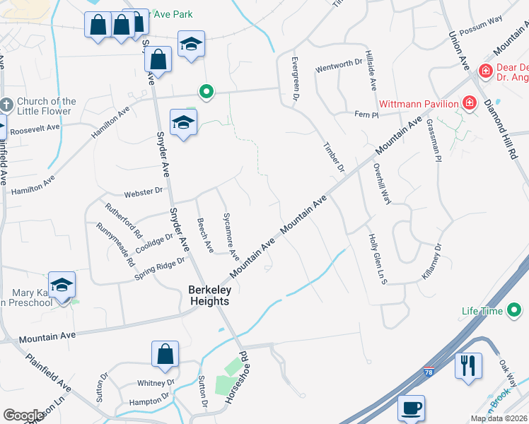 map of restaurants, bars, coffee shops, grocery stores, and more near 16 Coachman Court in Berkeley Heights