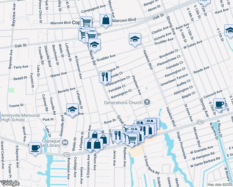 map of restaurants, bars, coffee shops, grocery stores, and more near 45 Kensington Court in Copiague