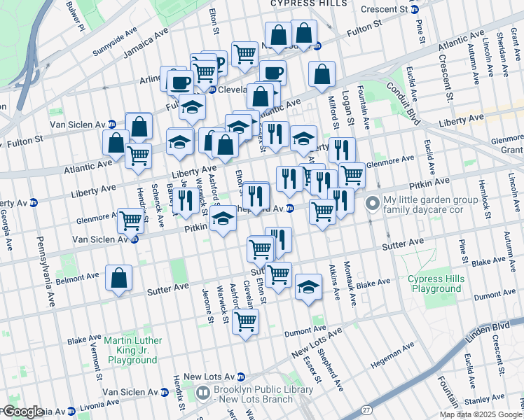 map of restaurants, bars, coffee shops, grocery stores, and more near 2437 Pitkin Avenue in Brooklyn