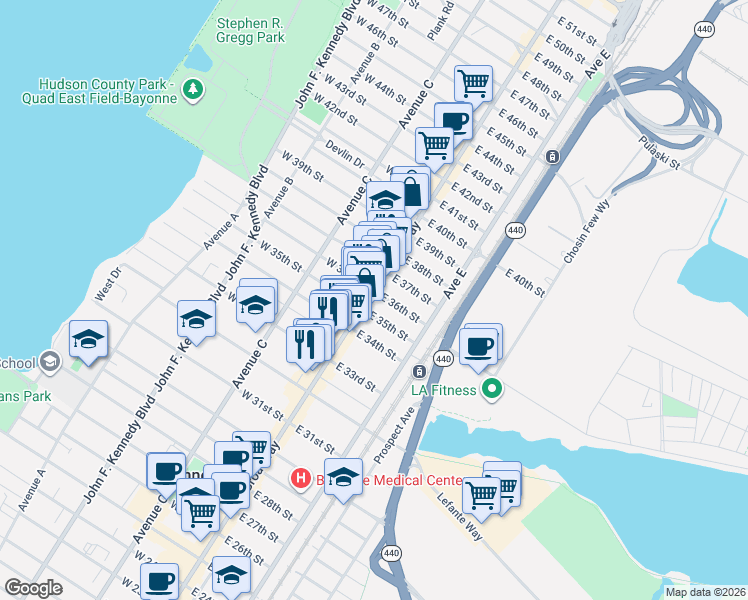 map of restaurants, bars, coffee shops, grocery stores, and more near 12 East 36th Street in Bayonne