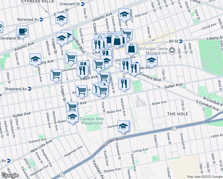map of restaurants, bars, coffee shops, grocery stores, and more near 608 Hemlock St in Brooklyn