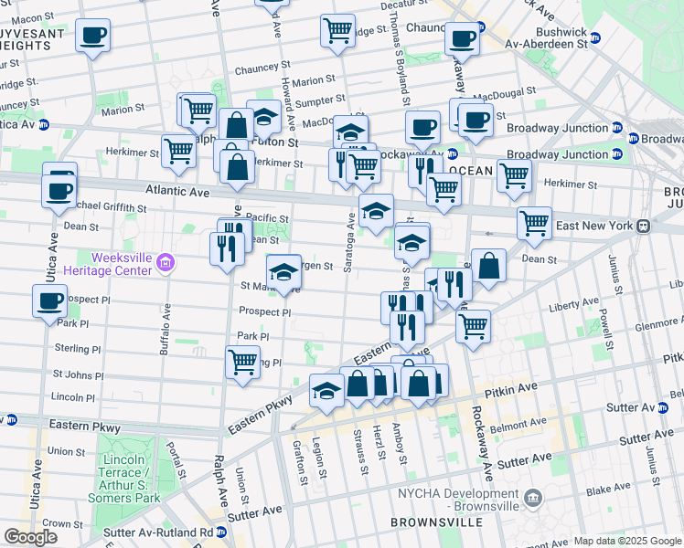 map of restaurants, bars, coffee shops, grocery stores, and more near 1938 Bergen Street in Brooklyn