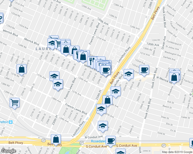 map of restaurants, bars, coffee shops, grocery stores, and more near 134-27 233rd Street in Queens