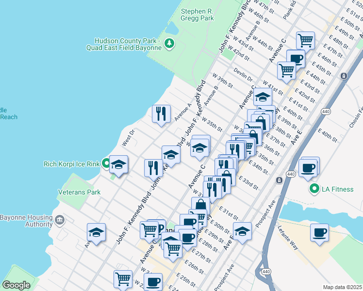map of restaurants, bars, coffee shops, grocery stores, and more near 840 John F. Kennedy Boulevard in Bayonne