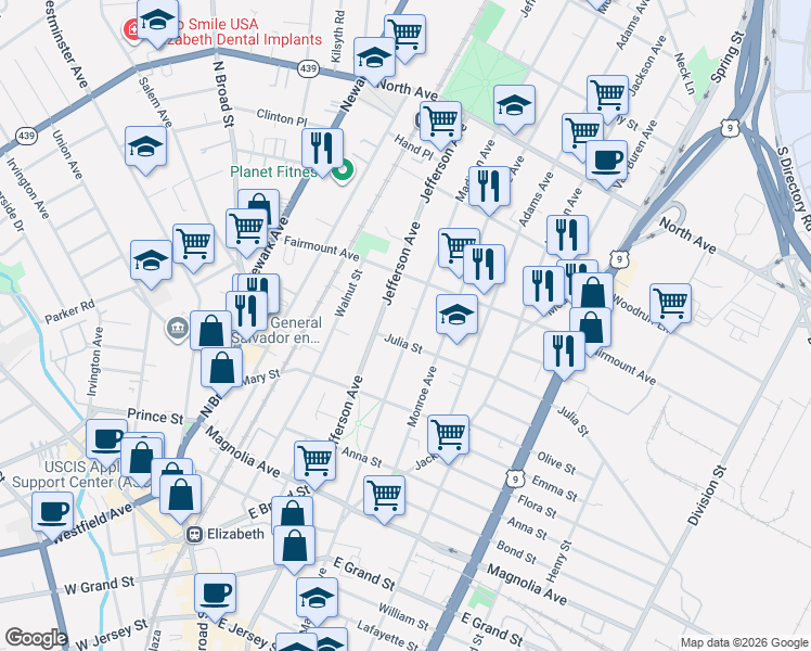 map of restaurants, bars, coffee shops, grocery stores, and more near 563 Madison Avenue in Elizabeth