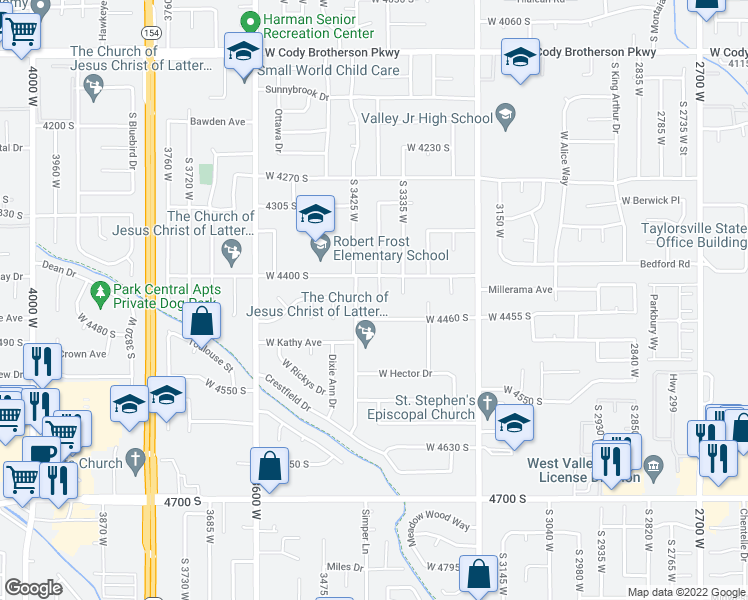 map of restaurants, bars, coffee shops, grocery stores, and more near 4428 Mark Read Street in West Valley City