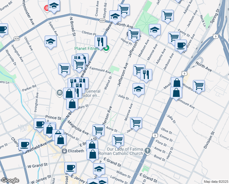 map of restaurants, bars, coffee shops, grocery stores, and more near 552 Jefferson Avenue in Elizabeth