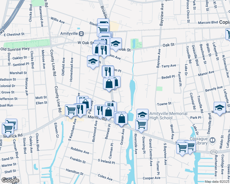 map of restaurants, bars, coffee shops, grocery stores, and more near 85 Broadway in Amityville