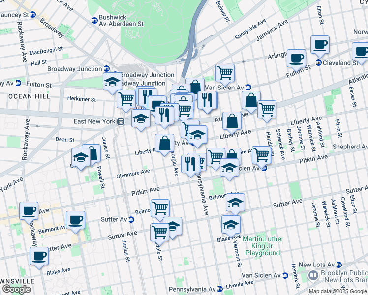 map of restaurants, bars, coffee shops, grocery stores, and more near 340 Liberty Avenue in Brooklyn