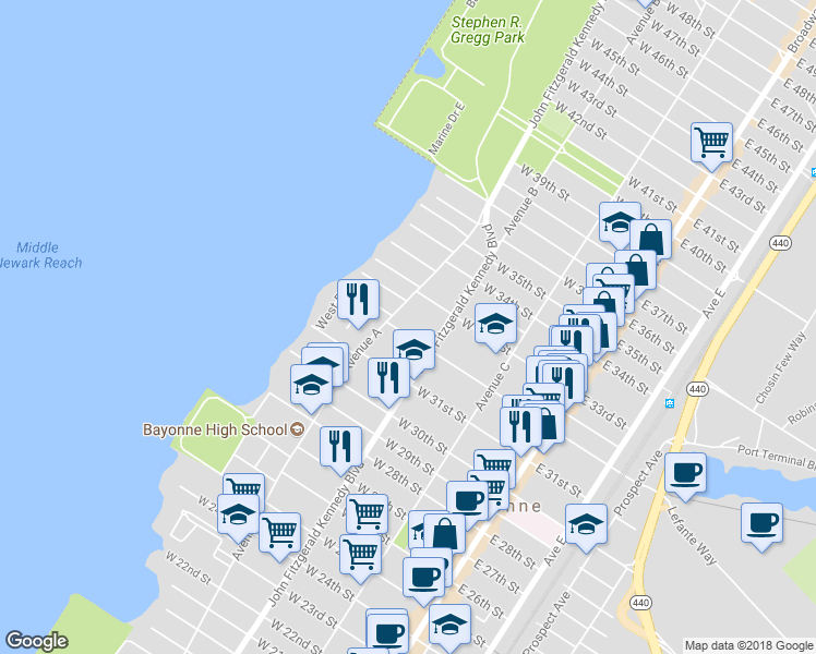 map of restaurants, bars, coffee shops, grocery stores, and more near 135 West 32nd Street in Bayonne