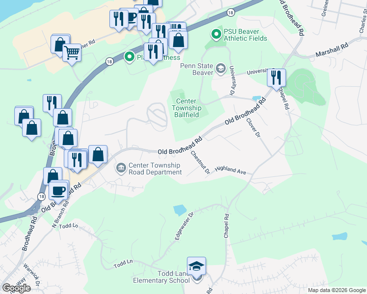 map of restaurants, bars, coffee shops, grocery stores, and more near 1609 Old Brodhead Road in Monaca