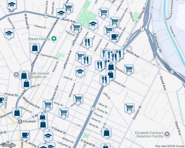 map of restaurants, bars, coffee shops, grocery stores, and more near 594 Jackson Avenue in Elizabeth