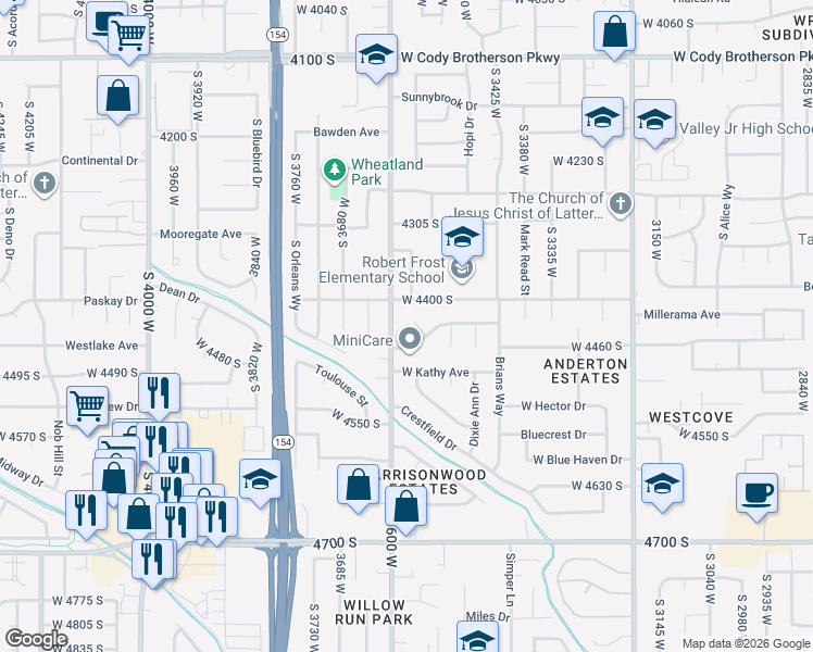 map of restaurants, bars, coffee shops, grocery stores, and more near 4432 South San Carlos Place in West Valley City