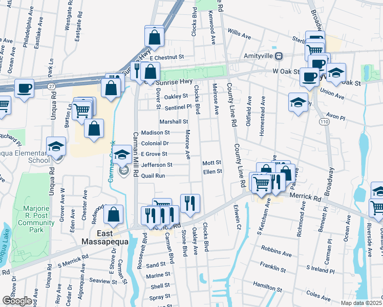 map of restaurants, bars, coffee shops, grocery stores, and more near 60 East Grove Street in Massapequa