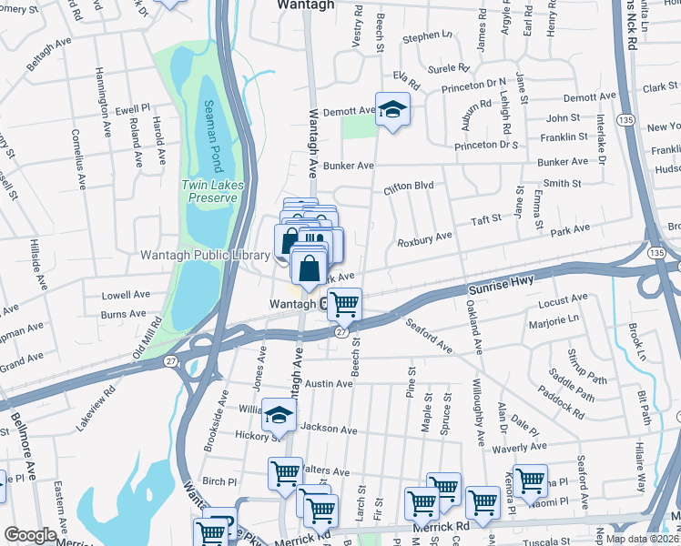 map of restaurants, bars, coffee shops, grocery stores, and more near 3335 Park Avenue in Wantagh