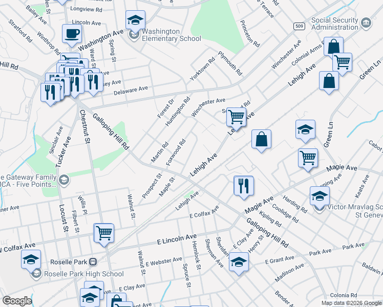 map of restaurants, bars, coffee shops, grocery stores, and more near 334 Nottingham Way in Union