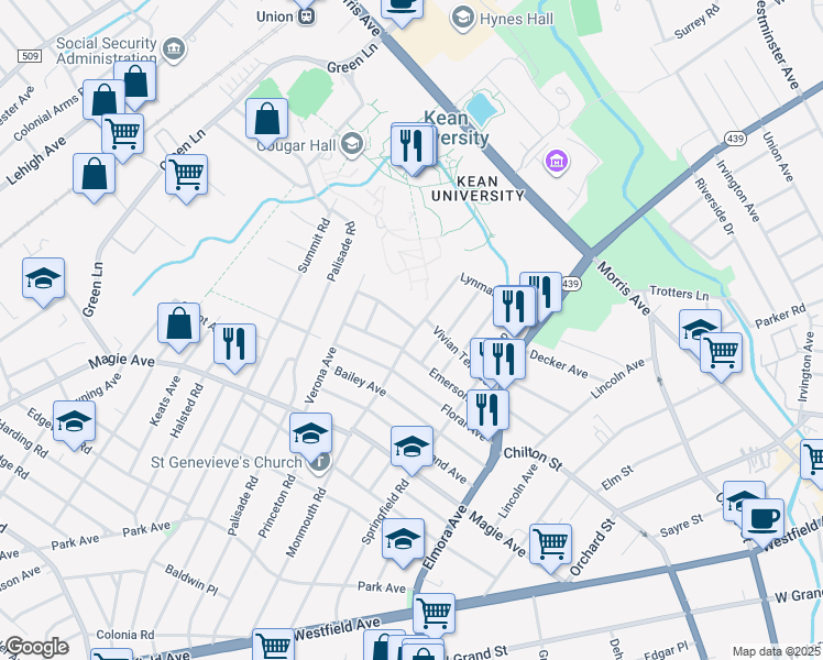 map of restaurants, bars, coffee shops, grocery stores, and more near 809 Emerson Avenue in Elizabeth