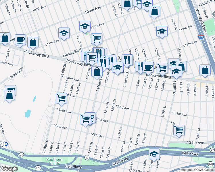 map of restaurants, bars, coffee shops, grocery stores, and more near 120-19 Sutter Avenue in Queens