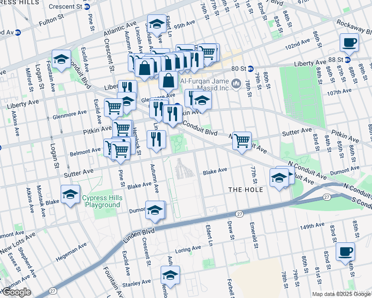 map of restaurants, bars, coffee shops, grocery stores, and more near 1441 Sutter Ave in Brooklyn
