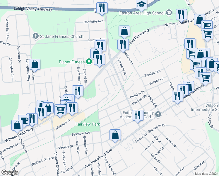 map of restaurants, bars, coffee shops, grocery stores, and more near 22 Grove Street in Easton